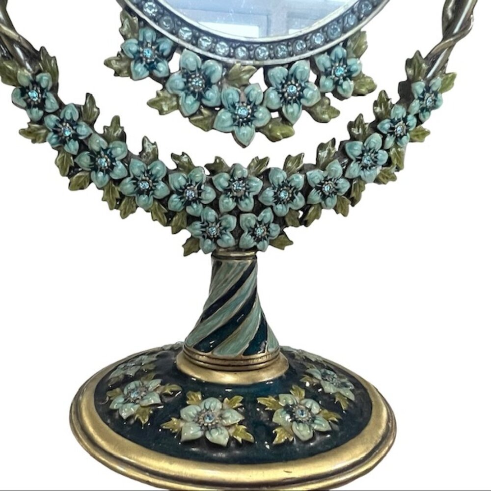 Vintage Brass Oval Vanity Makeup Desk Mirror, Enameled Metal Jeweled Tabletop - Picture 10 of 14